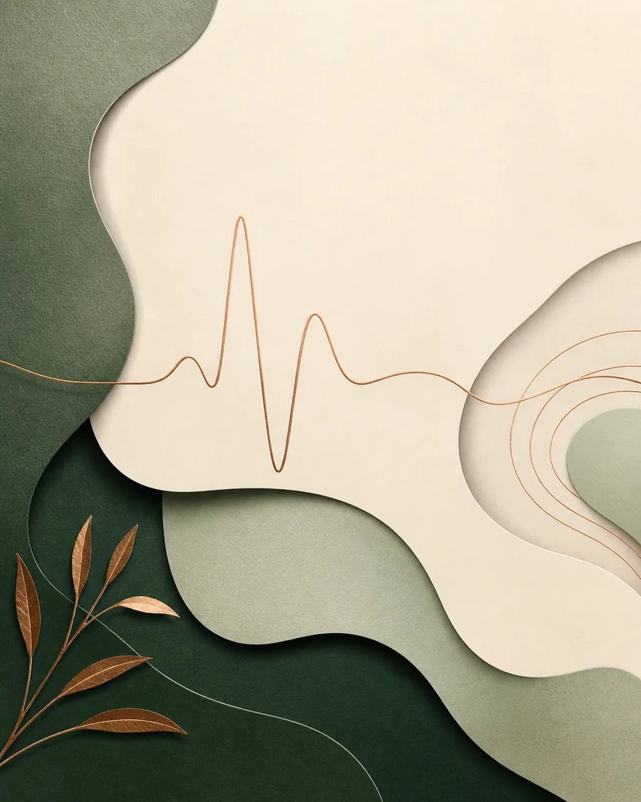Ilustração abstrata com linha de pulso, formas orgânicas e detalhes em cobre